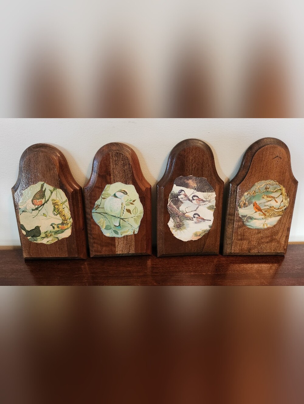 Vintage 1970s Decoupage Handmade Wood Plaques With Birds